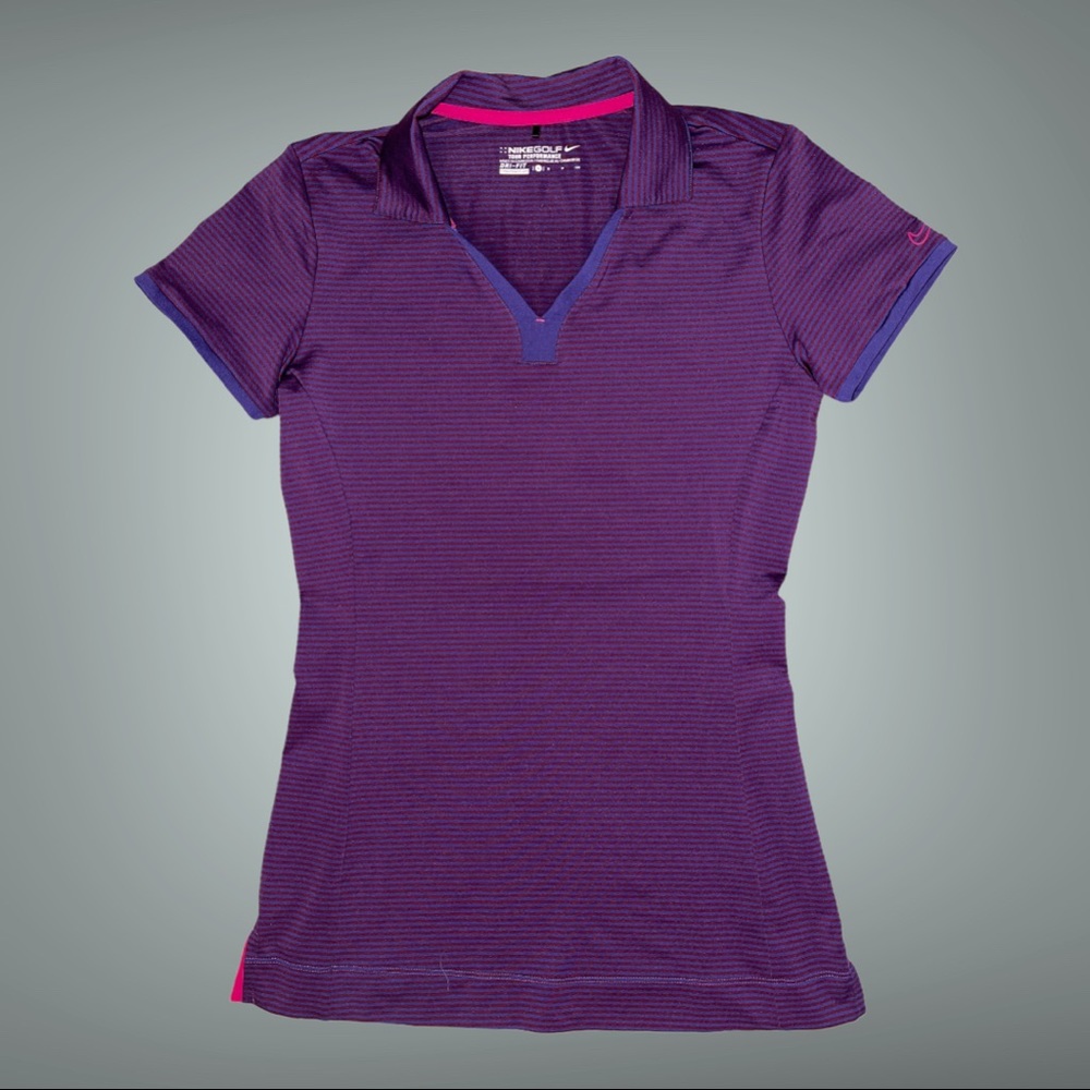 Women’s Nike Golf Tee EUC Blue and Pink striped, size S.